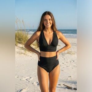 Geode‎ Midnight High Waisted Bottoms Black Ruched Swim Bottoms